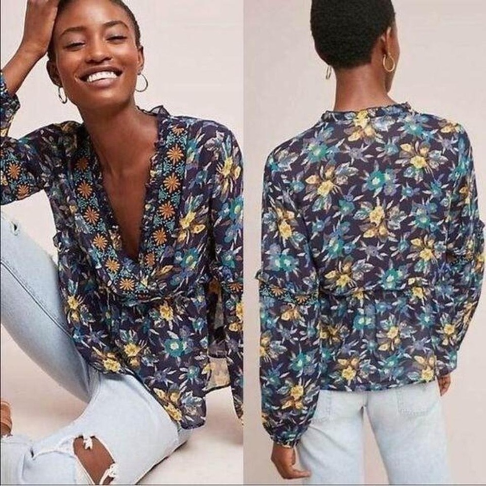 Meadow Rue Anthropologie Womens M Blue Floral Embroidered Long Sleeves Blouse